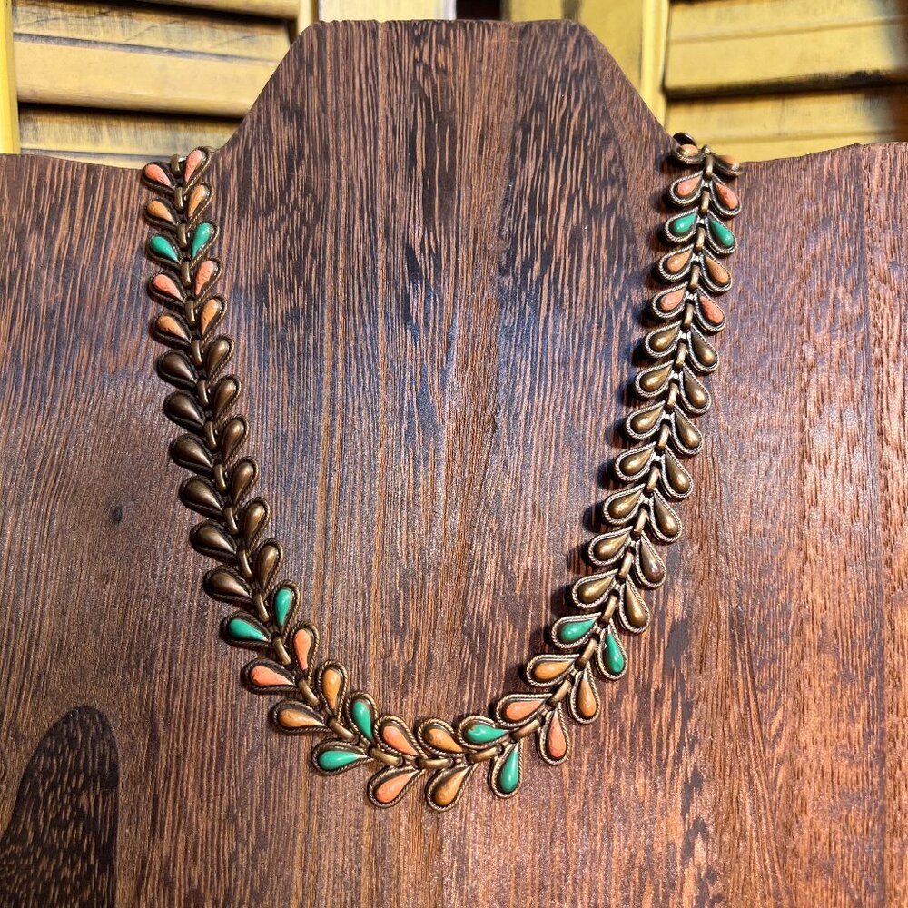 Gorgeous Vintage Brass and Enamel Link Necklace